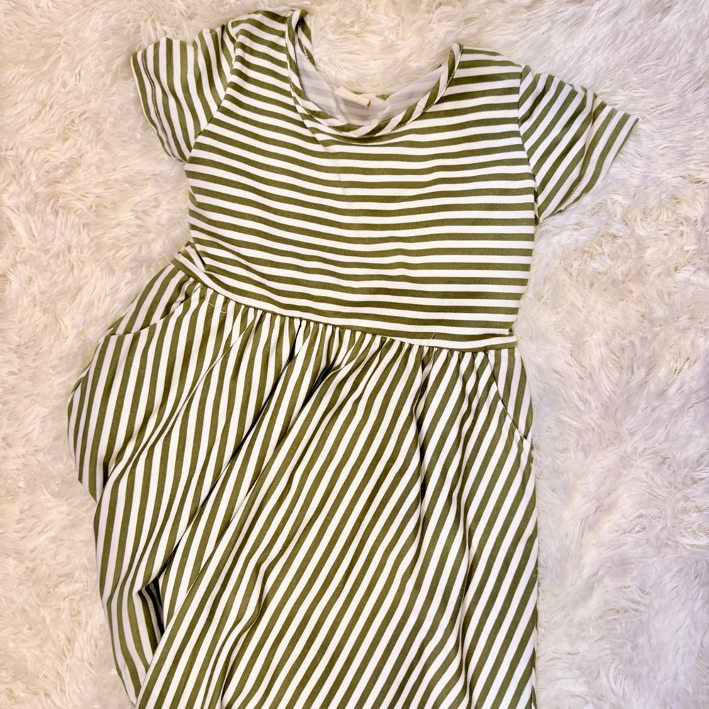 Girls Olive & White Striped Casual Knit Dress